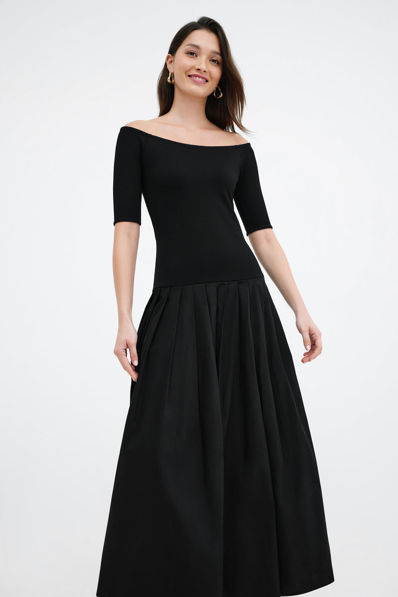Black Boatneck Half-Sleeve Dress w Full Skirt
