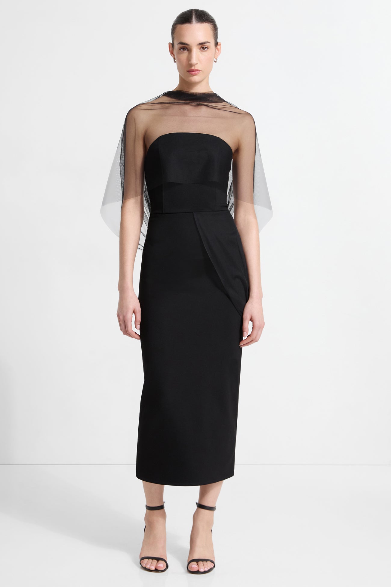 Dianne Dress | Black Ponte Midi Dress with Mesh Scarf