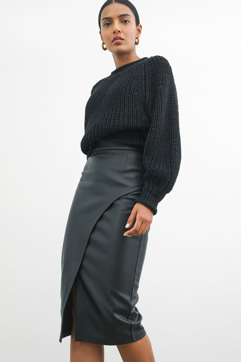 Black Faux Leather Midi Pencil Skirt - Nyssa Skirt | Marcella
