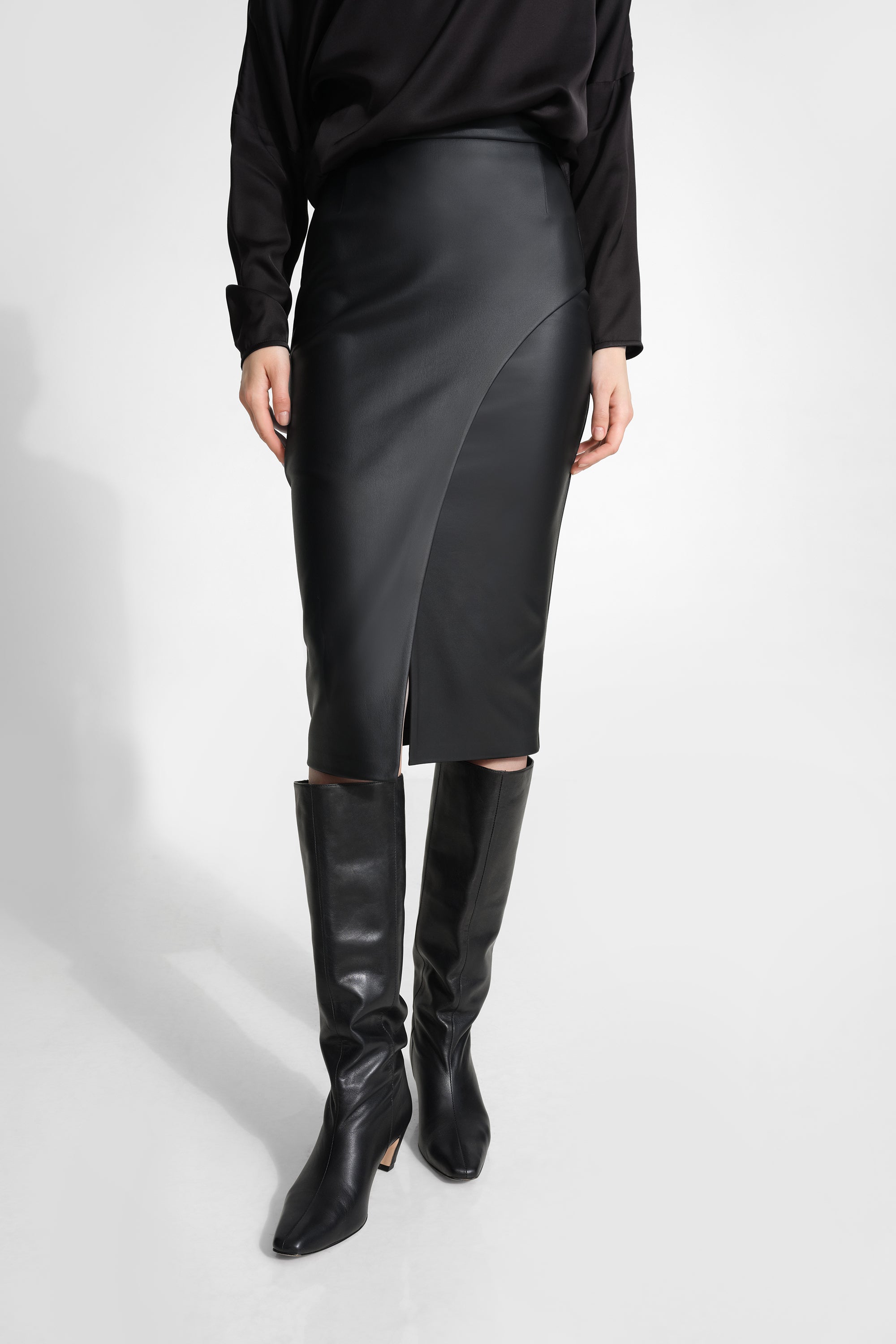 Nyssa Pencil Skirt | Black Vegan Leather Midi Wrap Skirt