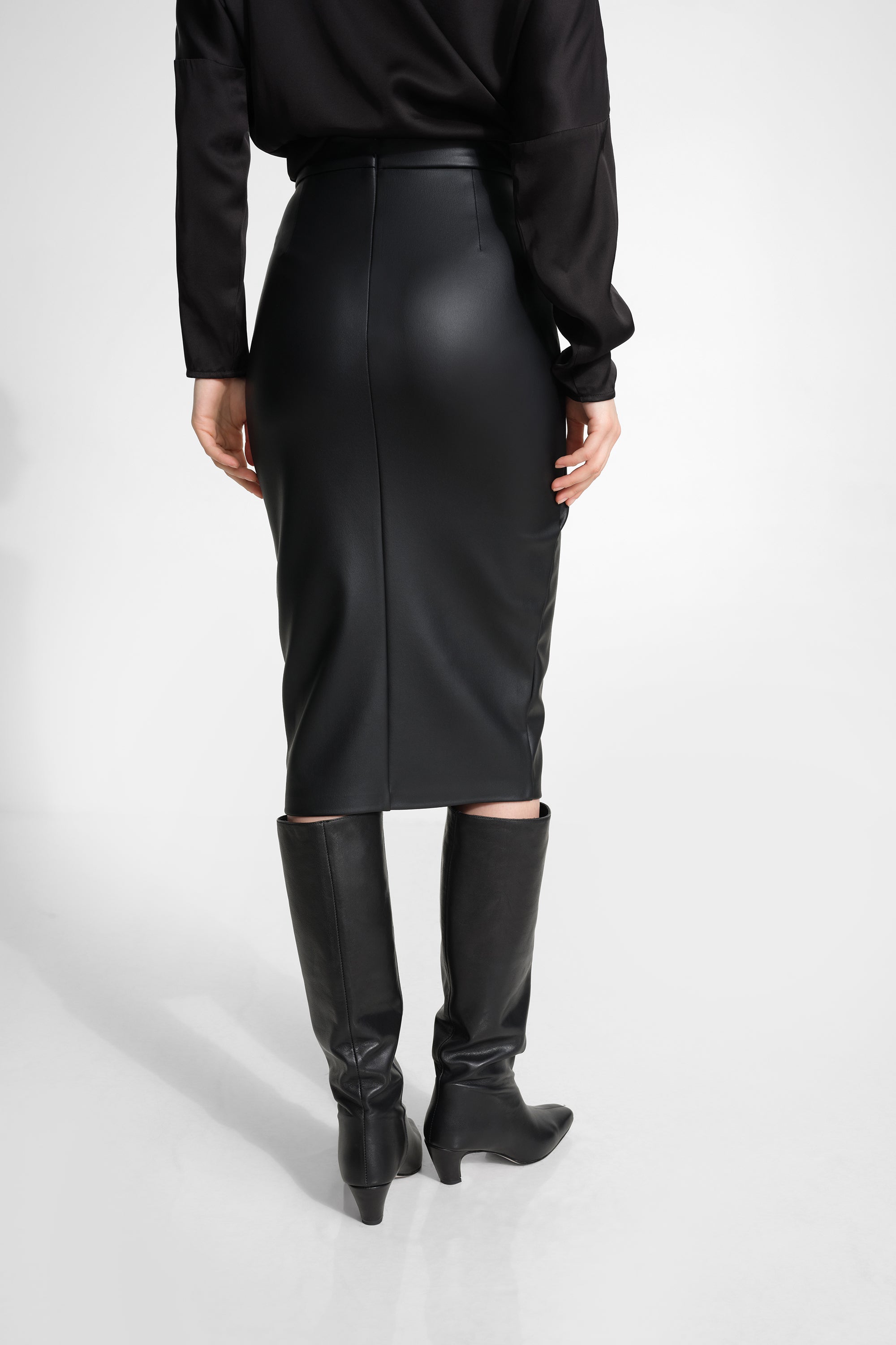 Nyssa Pencil Skirt | Black Vegan Leather Midi Wrap Skirt