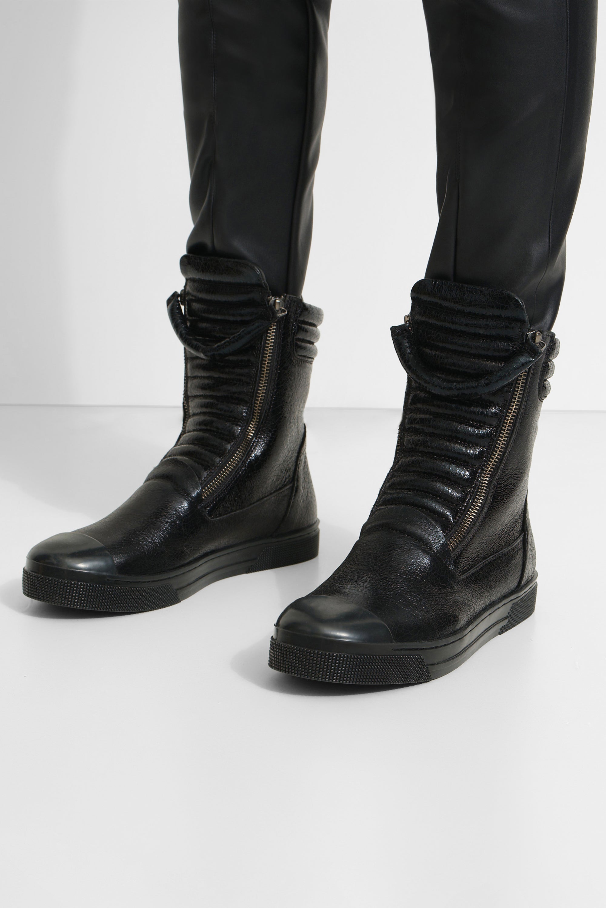 Karma Boots | Black European Leather Ribbed Ankle Boots