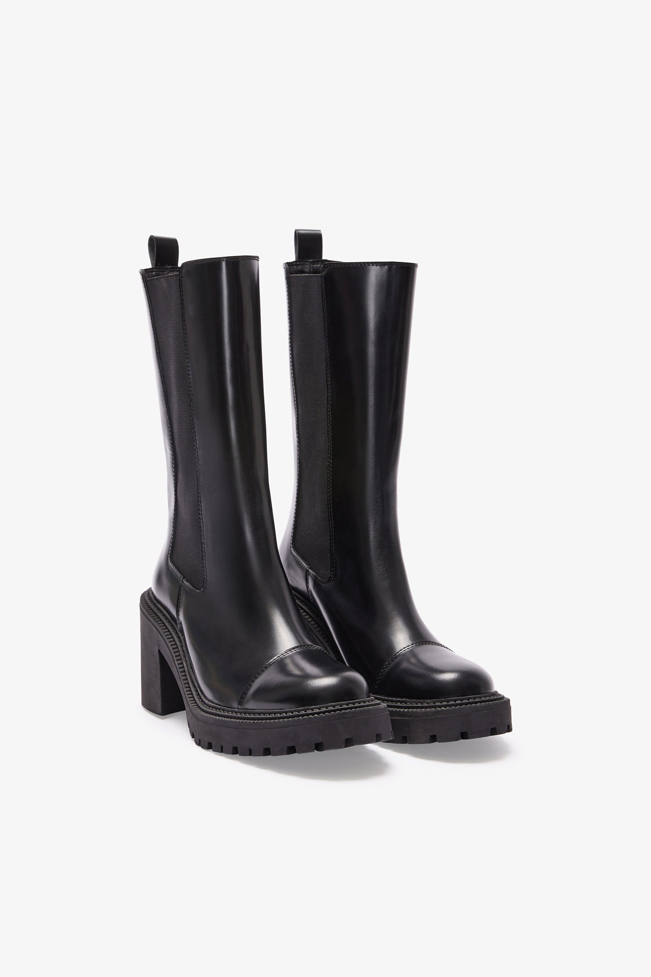 Black Leather Chunky Tall Block Heeled Boots - Vex Boots | Marcella