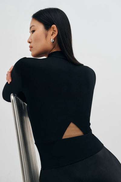 Black Long Sleeve Mock Neck Top with Cutout Back - Maru Top | Marcella