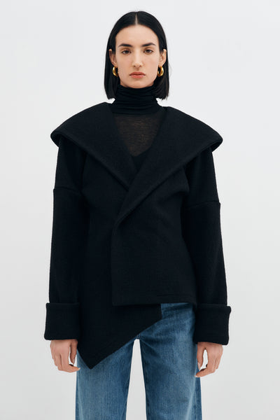 Black Virgin Wool Hooded Overcoat - Kyoto Wool Jacket | Marcella
