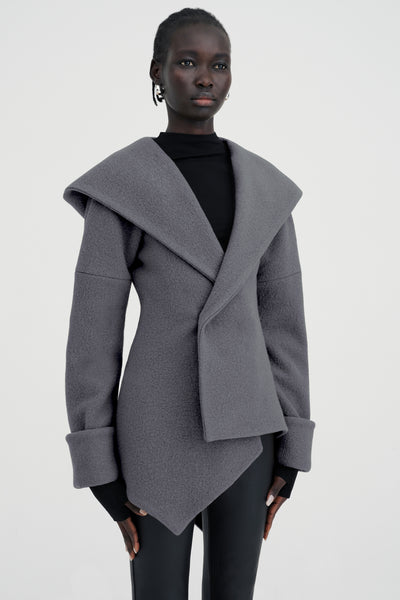 Medium Grey Virgin Wool Hooded Overcoat - Kyoto Wool Jacket