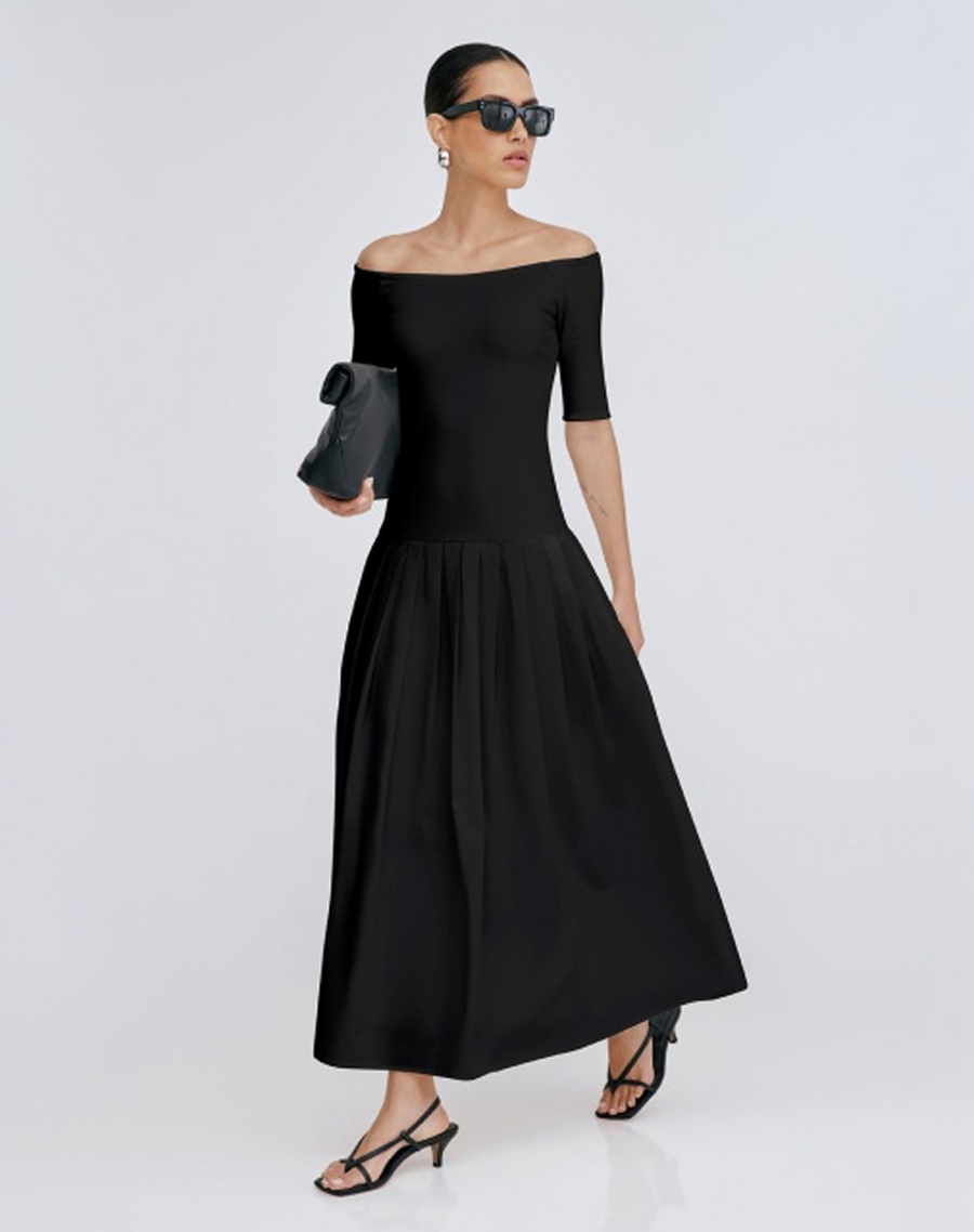 Women's Black Off-Shoulder Midi Dress