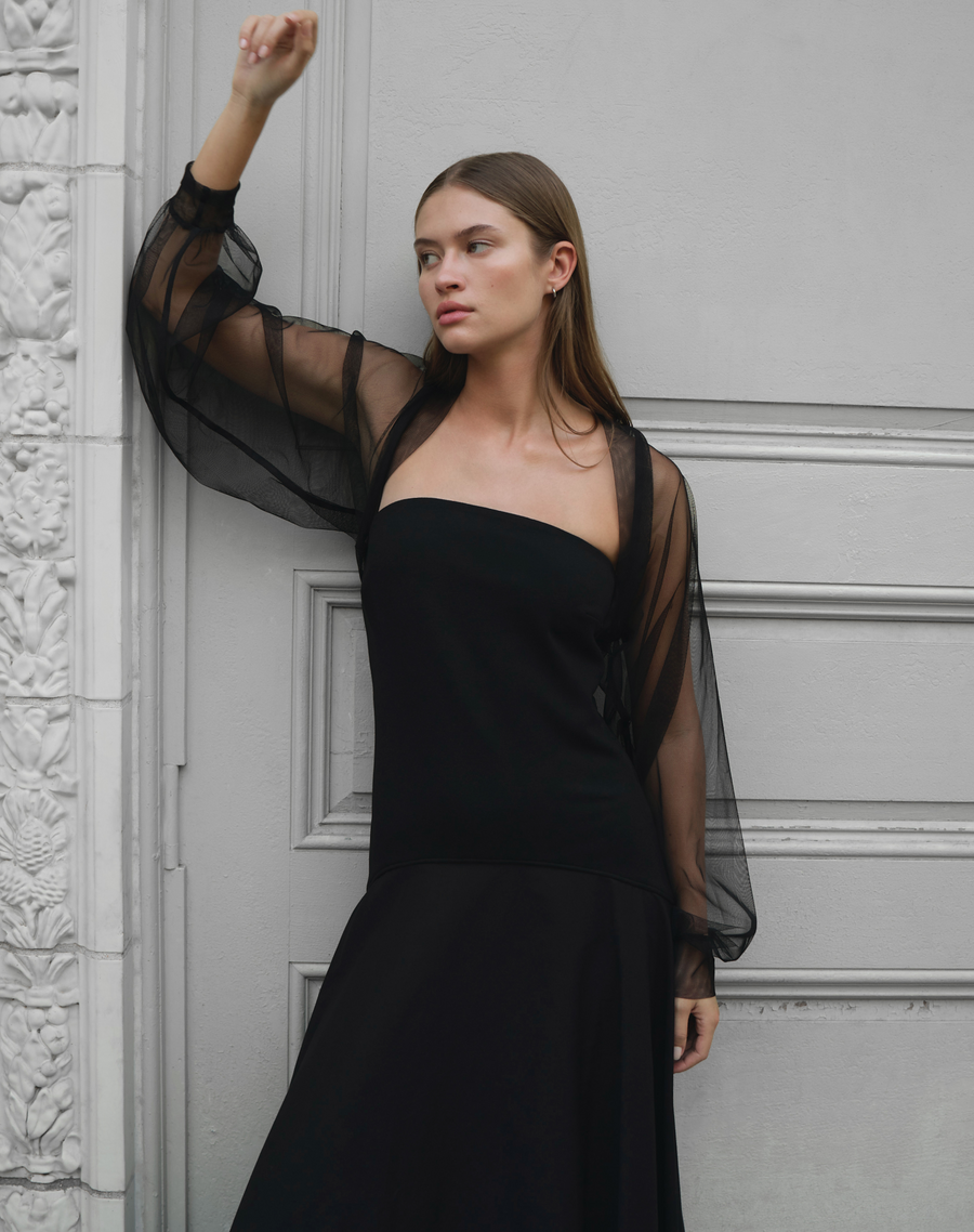 green emerald velvet dress Amari Black Feather-Trimmed Bolero & Soshin Dress – Maison Safiyaa USA main image 0
