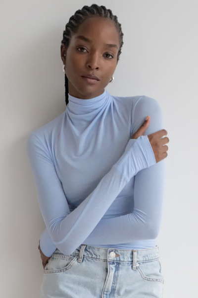 Sheer Ice Blue Fitted Mock Neck Top - Hailey Turtleneck | Marcella Sheer Ice Blue Fitted Mock Neck Top - Hailey Turtleneck | Marcella
