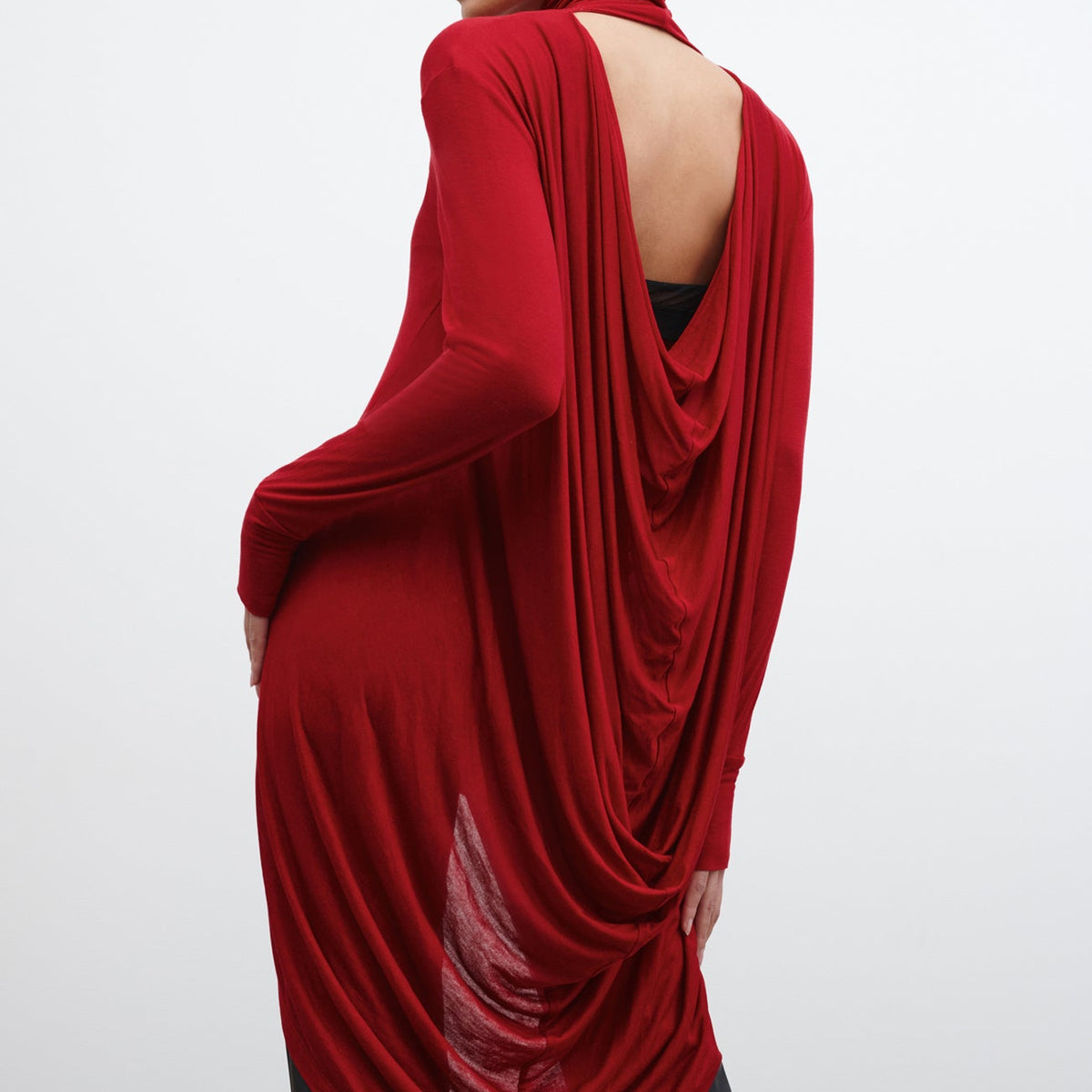 Marcella | Halle Tunic | Long Sleeve | Draped Back | Relaxed Fit | Thumbhole | Jersey | Red | Size XXXL | Dramatic Design