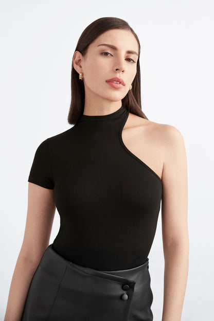 Black One Shoulder Short Sleeve Cutout - Saria Top | Marcella