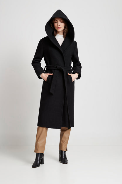 Belted Black Wool Jacket With Hood - Mallory Coat | Marcella