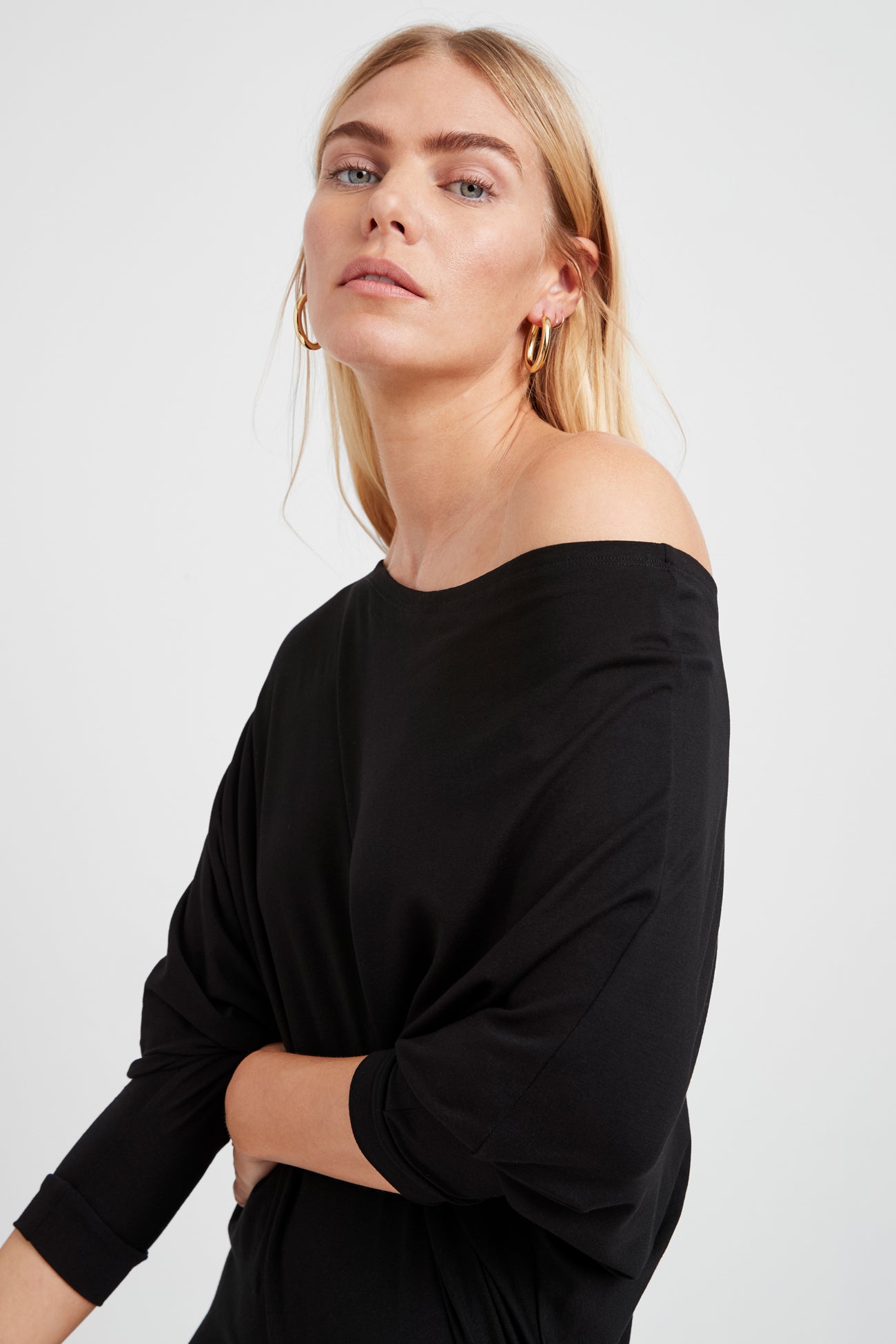 Black Boatneck Long Sleeve Midi Dress